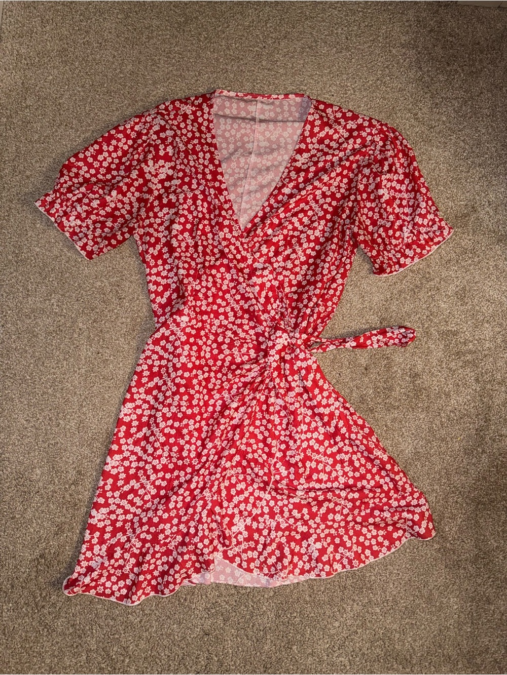 Red Floral Tie-Waist Wrap Dress